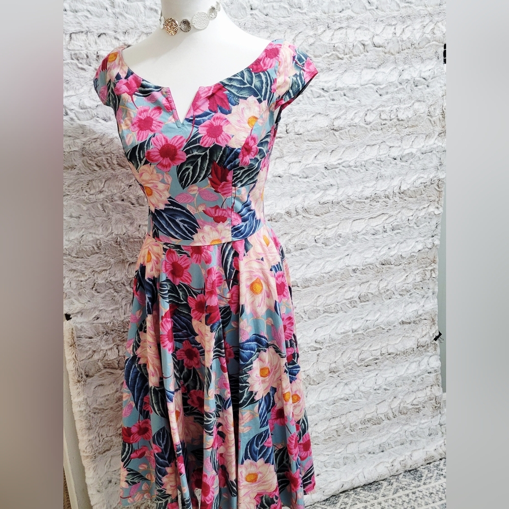 Hell Bunny fit and flare Swing Midi dress, Womens Sz S, A-line, Tropical Print,